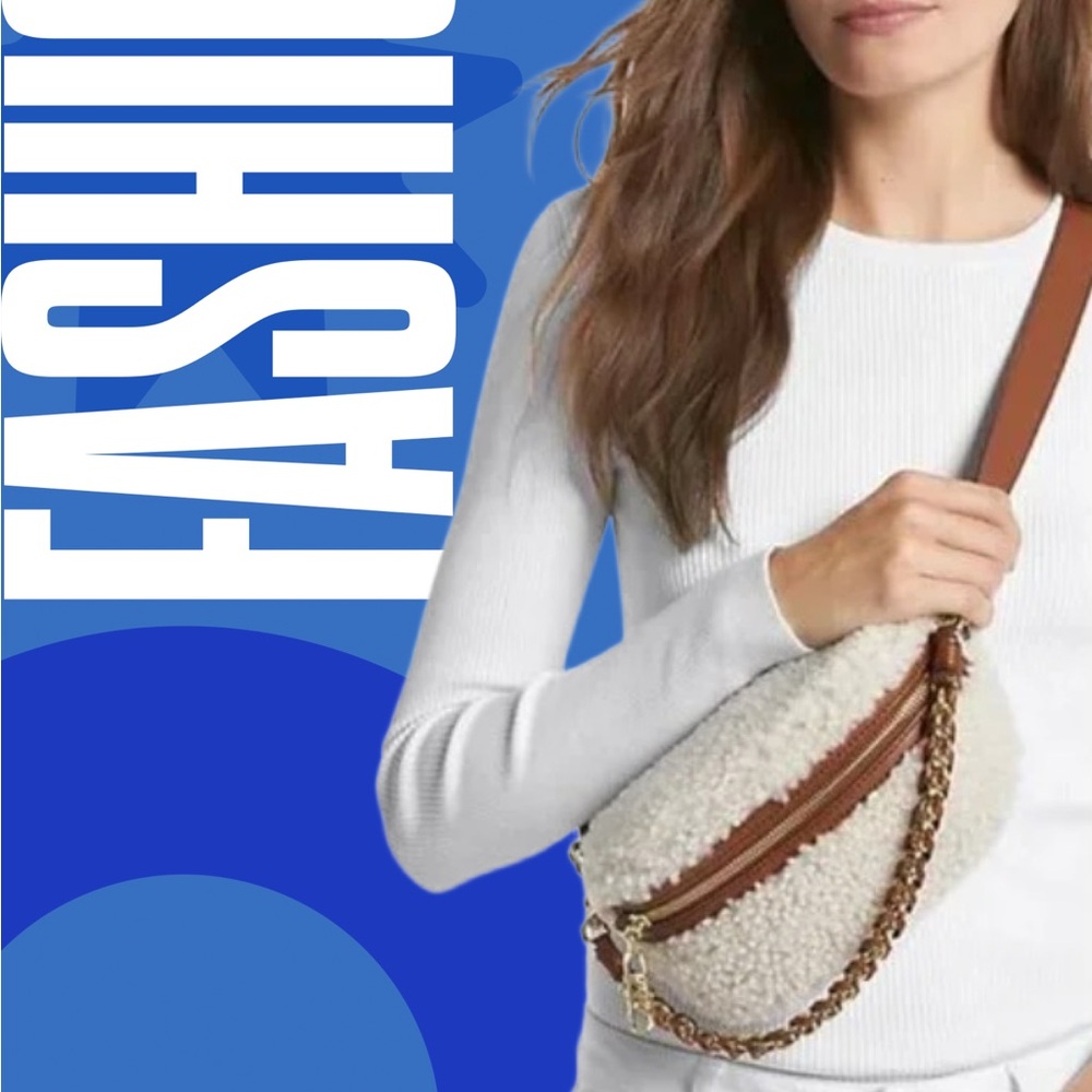 Michael Kors Shearling Sling Crossbody Belt Bag - Cream with Brown Leather Trim